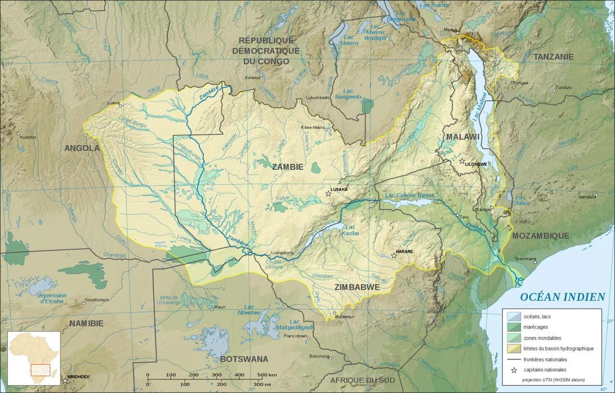 harta e Zambia treguar lumenjve dhe liqeneve