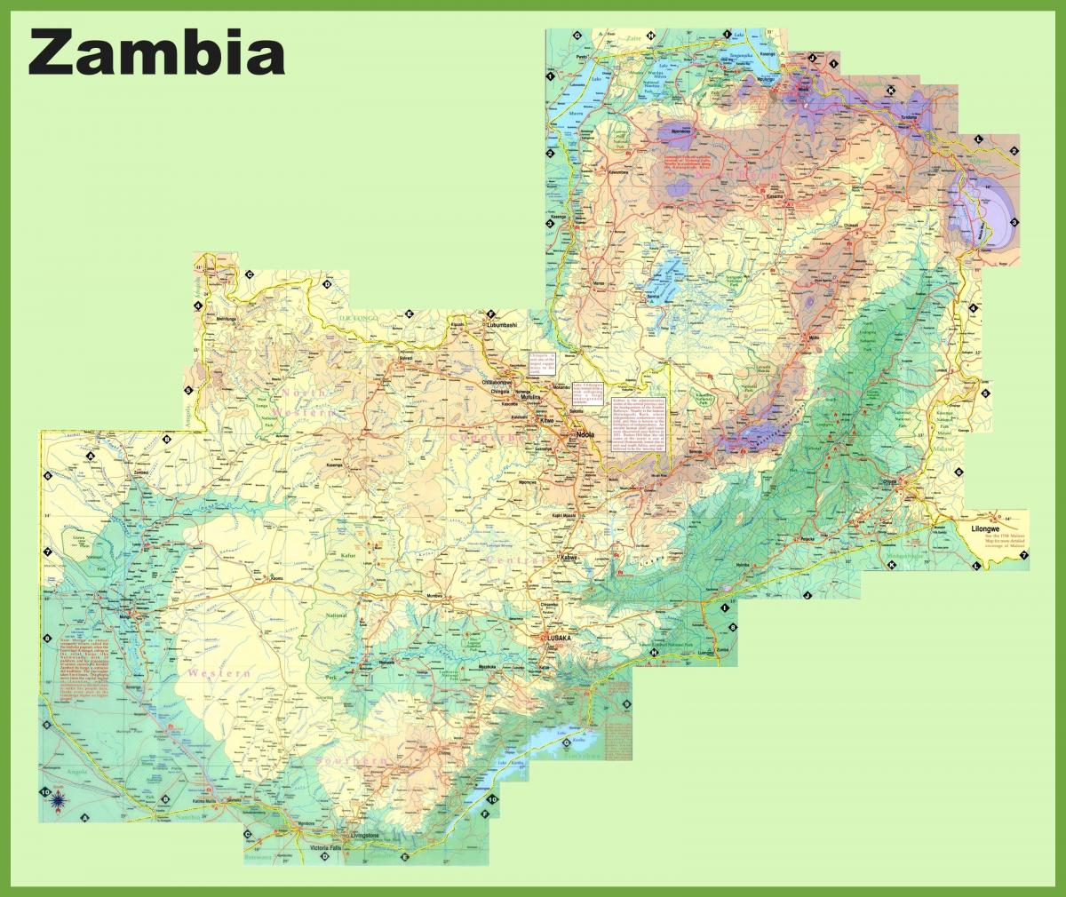 harta e Zambia duke treguar të gjitha qytetet